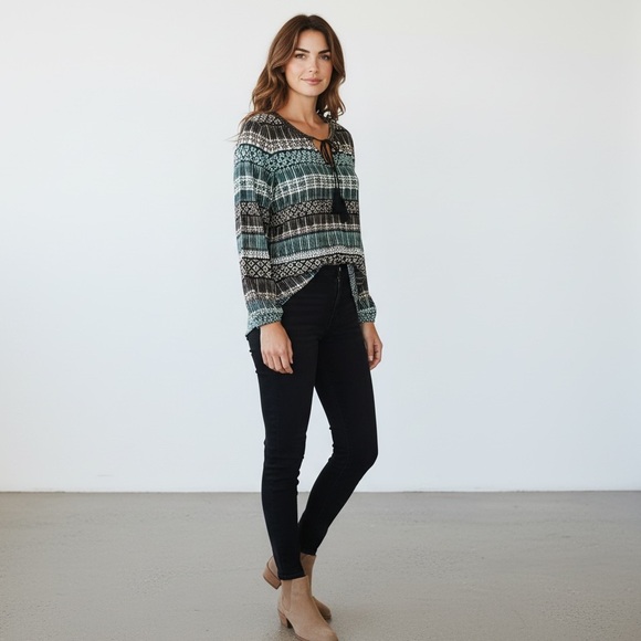 Rose & Olive Women's Green Brown Boho Tunic Top Shirt Paisley Tassels Size M - Picture 2 of 11